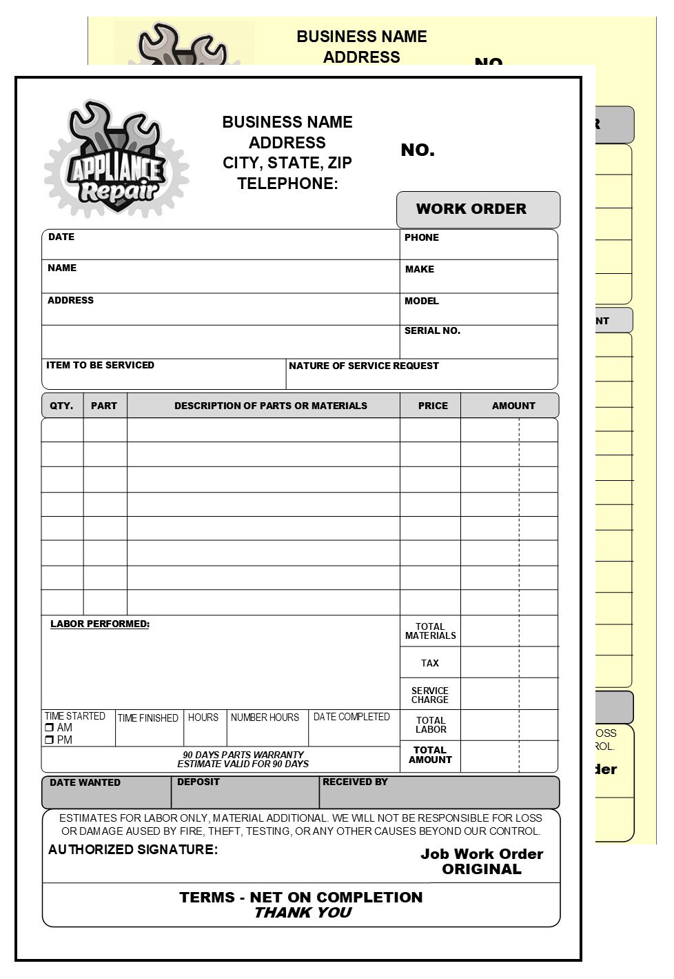 200 APPLIANCE WORK ORDER – 2 PART CARBONLESS FORM