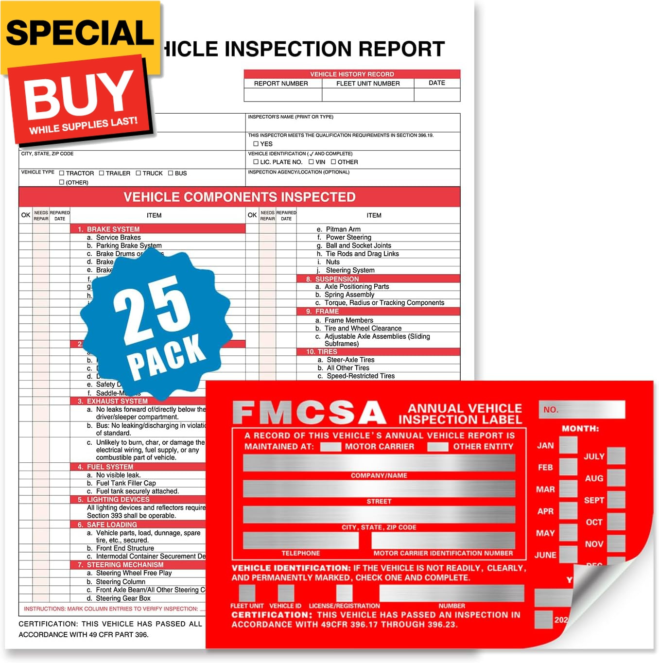 Annual Vehicle Inspection Report Form 25-pk 3-Ply Carbonless, 8.5″ x 11.75″ + La