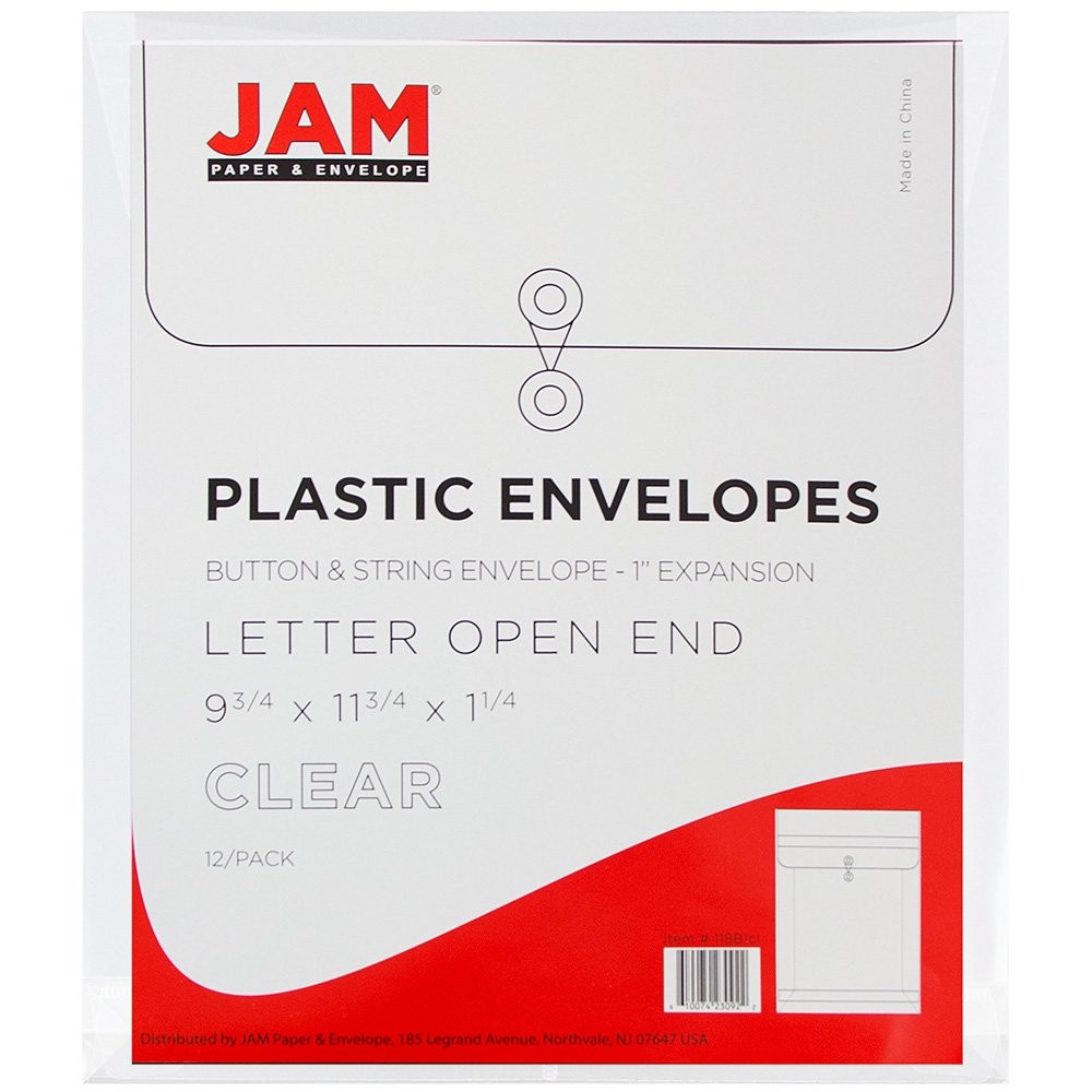 JAM PAPER Plastic Envelopes with Button 9 3/4 x 11 inches, Clear 12/Pack