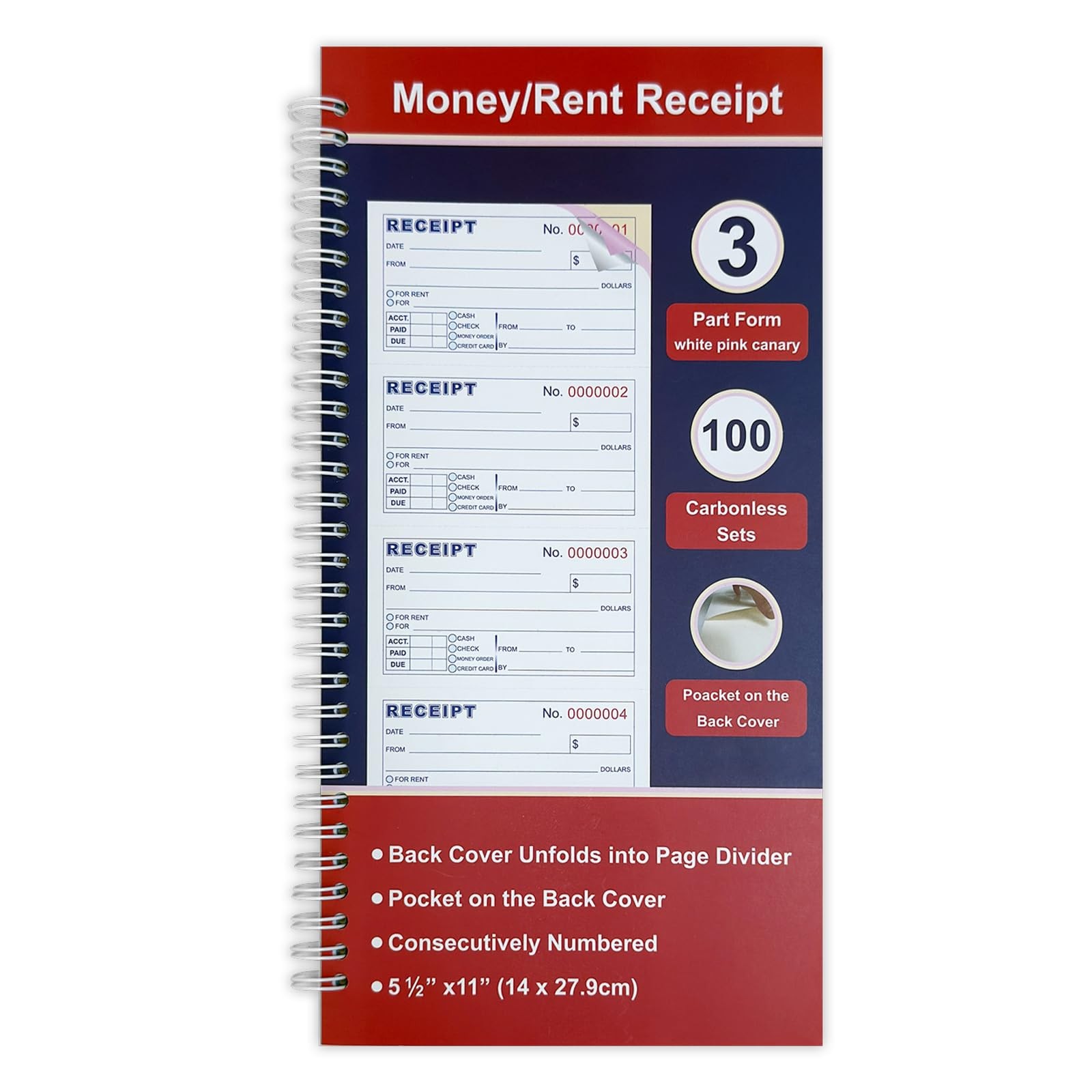 Money and Rent Receipt Book 3-Part Carbonless 5-1/2″ x 11″ Spiral Bound 100…