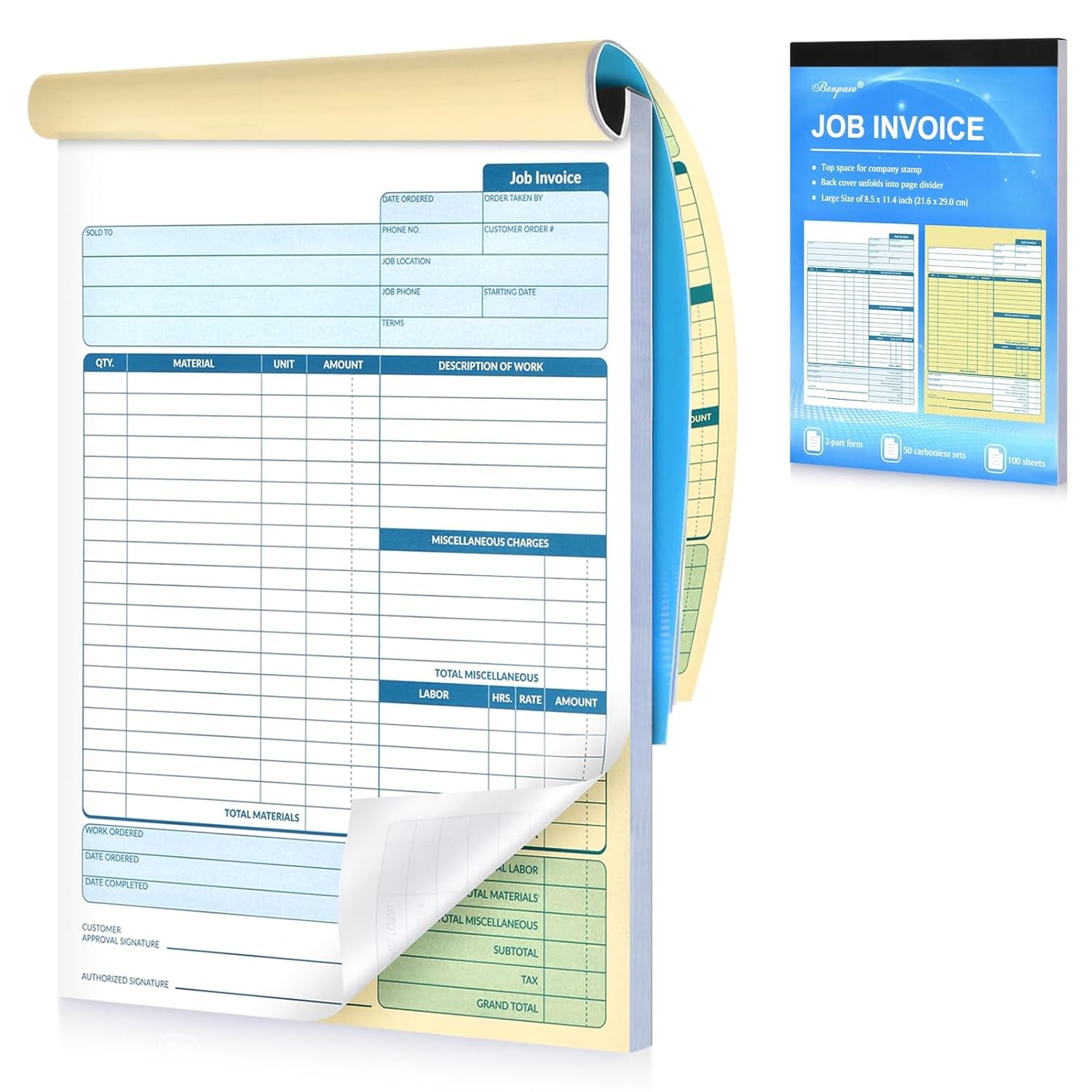 Large Job Work Order Forms with Carbonless Copies 50 Sheets Job Invoice