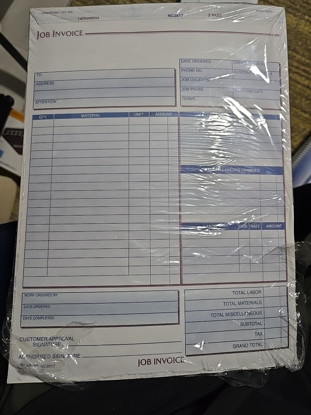Adams Job Invoice Forms, 2-Part Carbonless, 8-1/2 x 11-7/16 inches, NC2817- Read