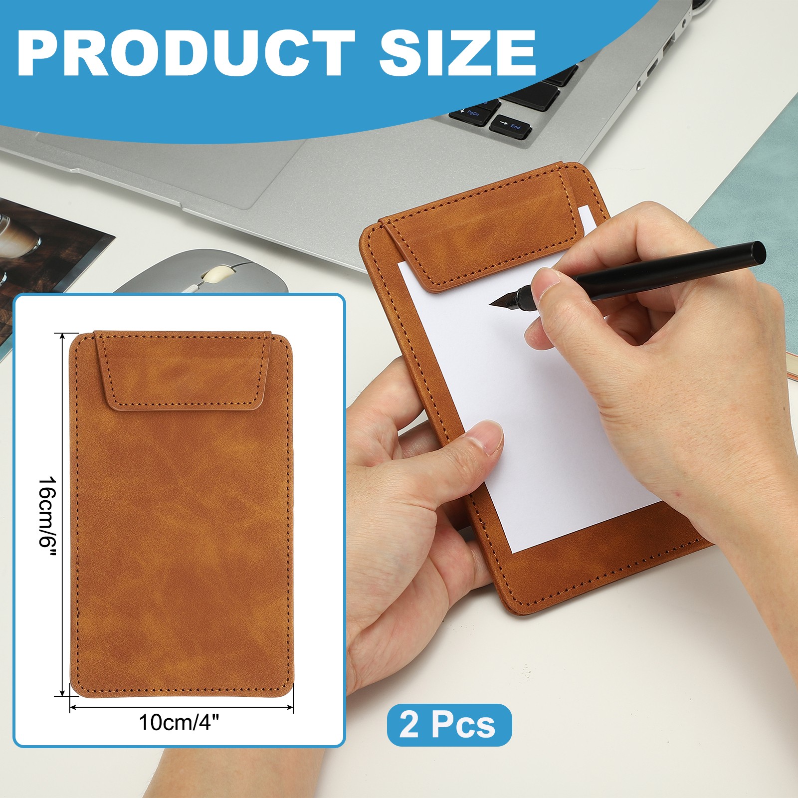2 Pack Mini Clipboard 6″ x 4″ Leather Small Clipboard with Pen Holder Brown