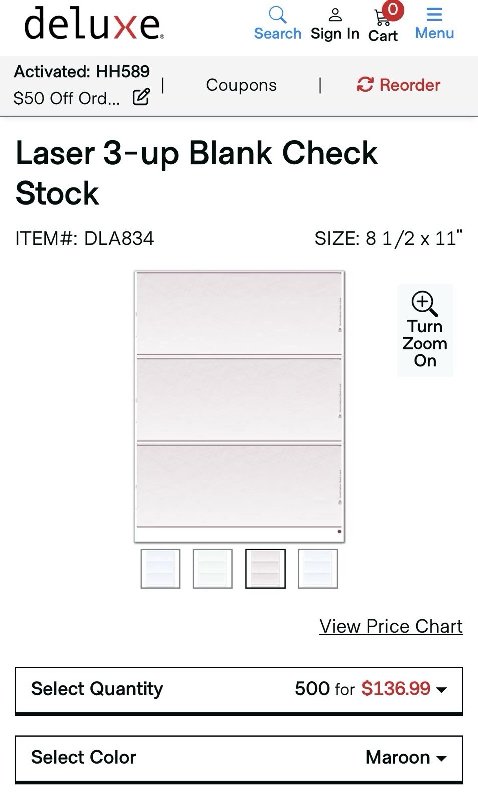 Deluxe Laser 3-up Blank Check Stock Pink 100
