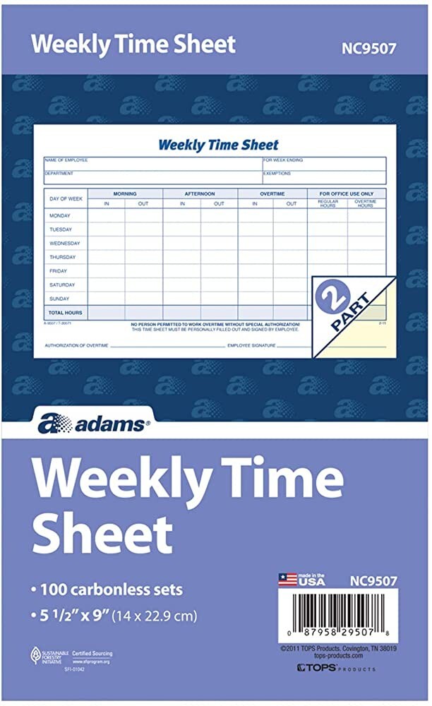 Adams NC9507 Weekly Time Sheet, 100 Carbonless Sets, 2 Part Form, 9″ x 5 1/2″