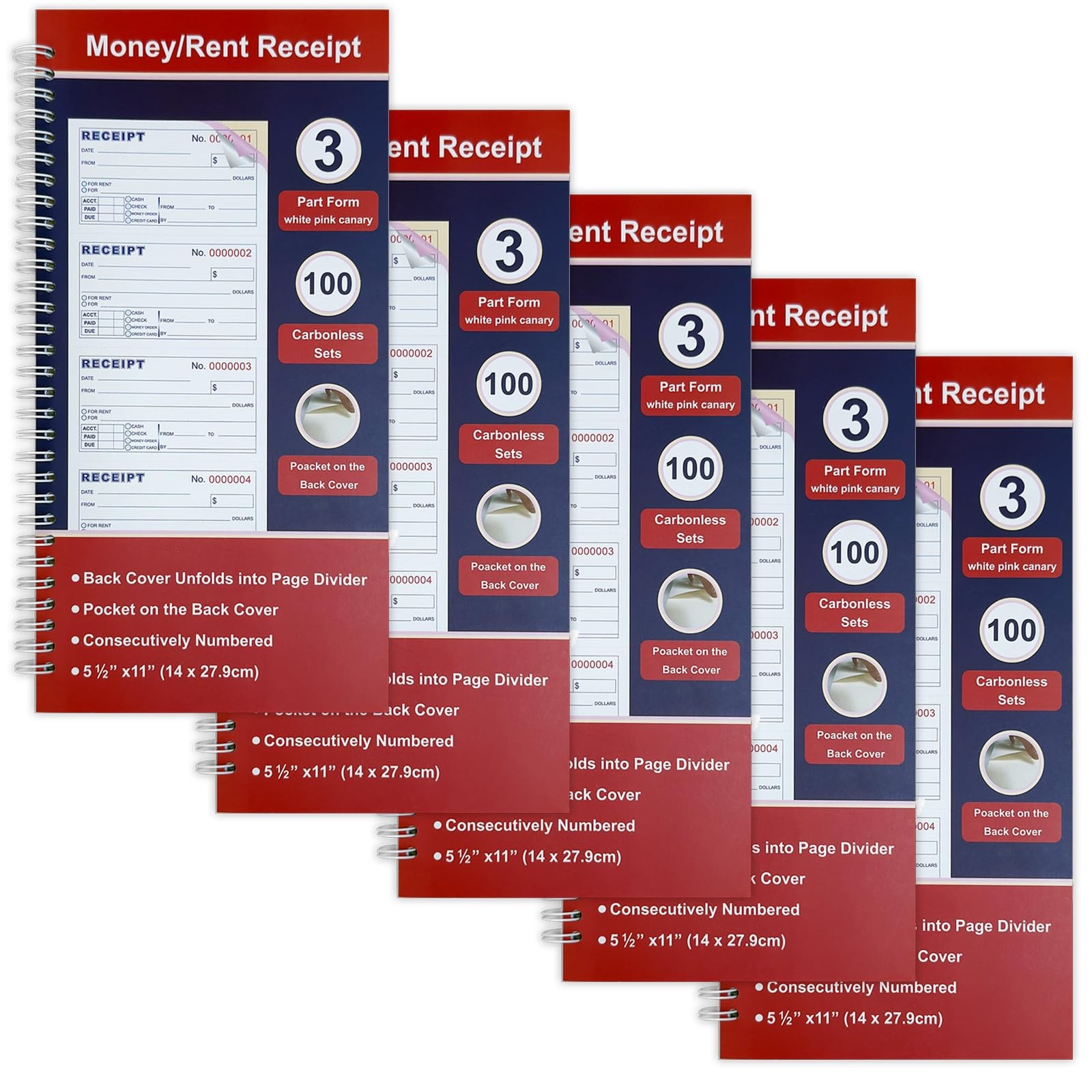 5 Pack Money Rent Receipt Book 3Part Carbonless 100 Sets 51/2×11 Inch DIY