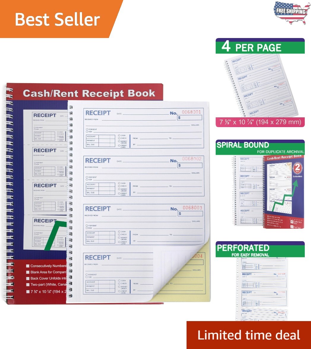 Durable Money and Rent Receipt Book – 400 Carbonless Receipts, Easy Organization