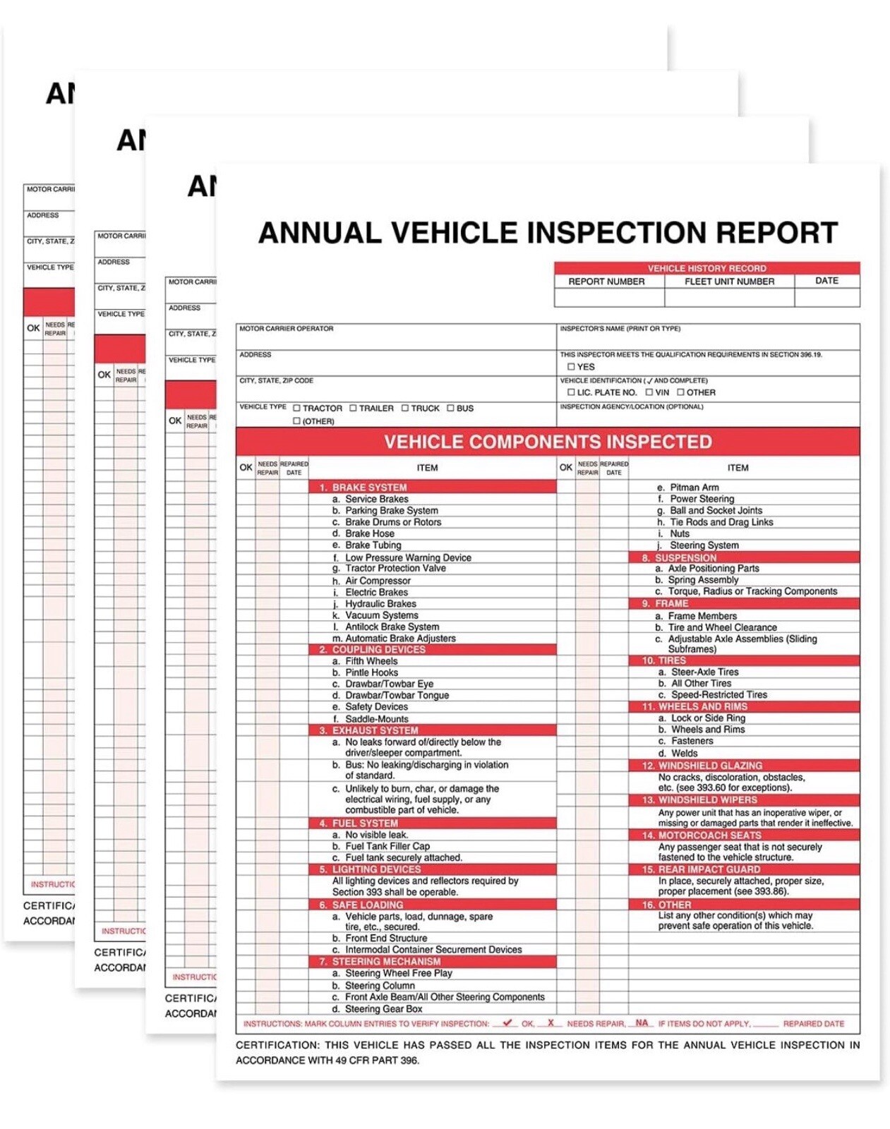 Annual Vehicle Inspection Report Form 25-pk 3-Ply Carbonless, 8.5″ x 11.75″ +…