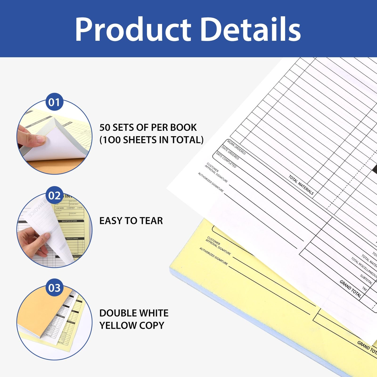 SJKHGU Carbonless Work Order Invoice Book Forms 7.5×11″ 50 Sets 2-Part Small