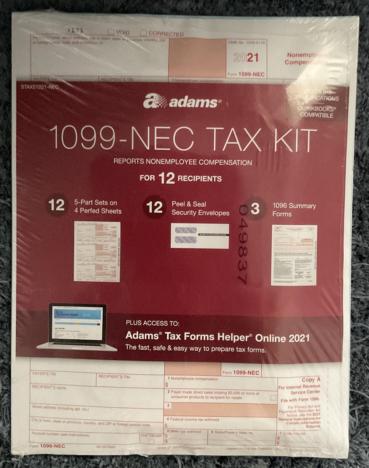 2021 1099-NEC Tax Form Kit 12 Recipients STAX51221-NEC) Envelopes Summary Forms