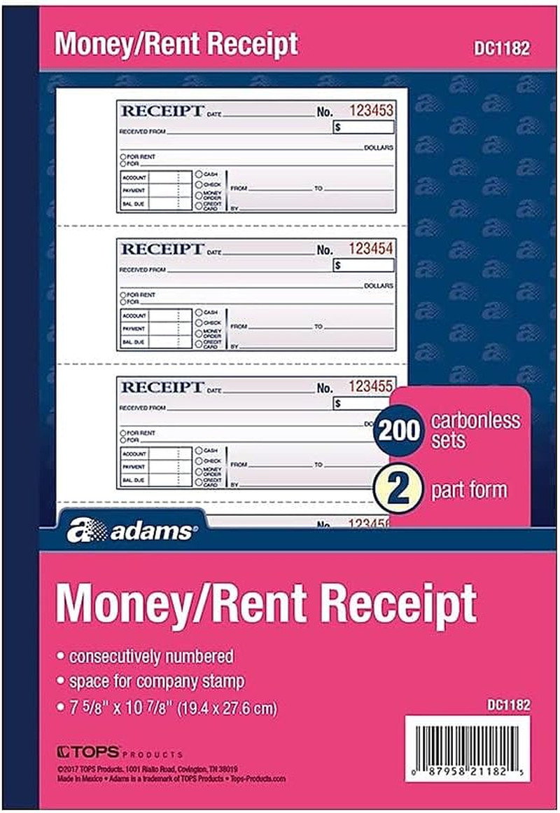 Money and Rent Receipt Book, 2-Part, Carbonless, White/Canary, 7-5/8″ X 10-7/8″