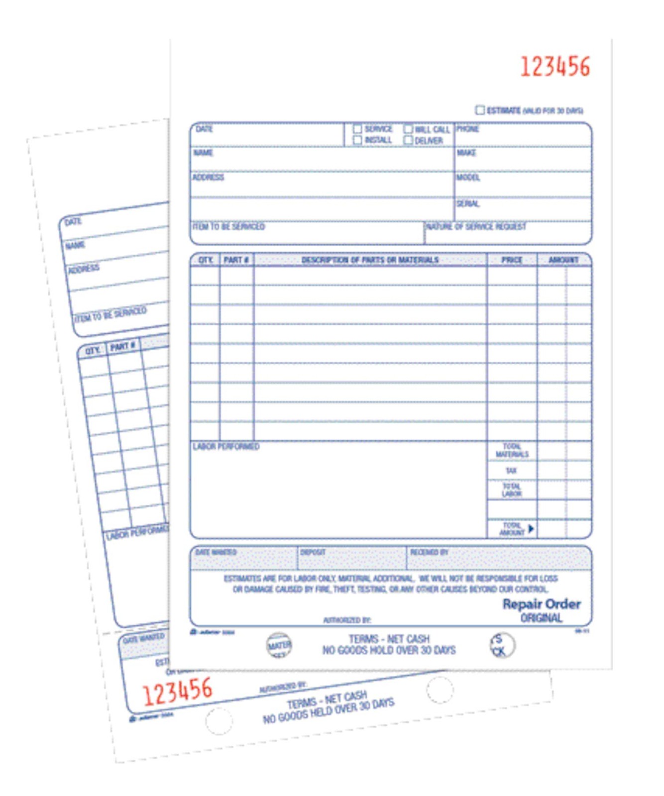 Adams Repair Order Book, Carbonless 2-Part White/White, 5-9/16 x 8-7/16, 50 Sets