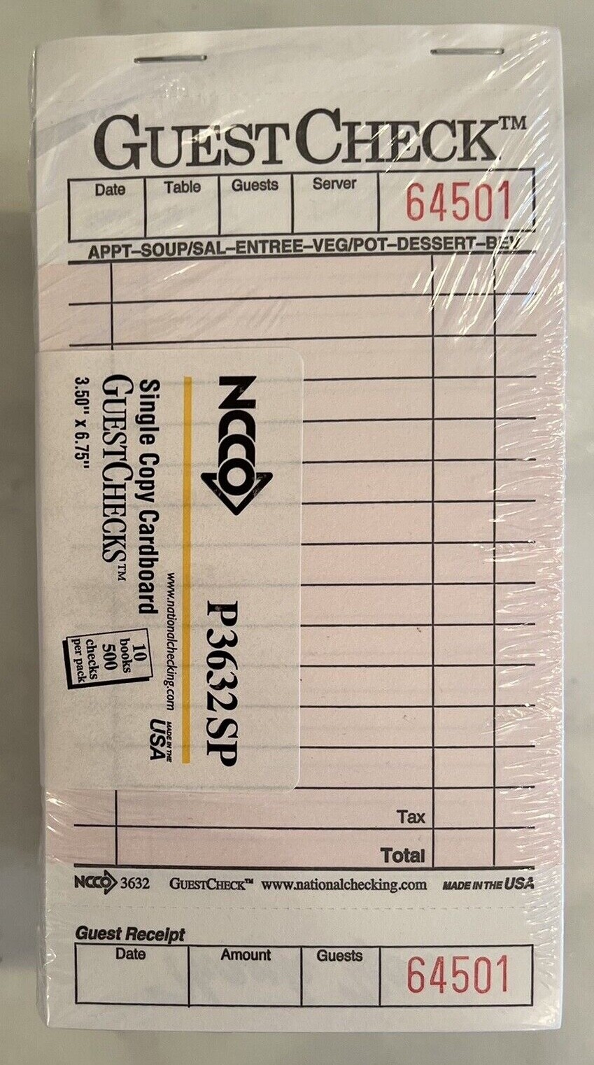 Pink Guest Check Pad 10 Pack (500 Checks) NEW SEALED Waitress Order Pads
