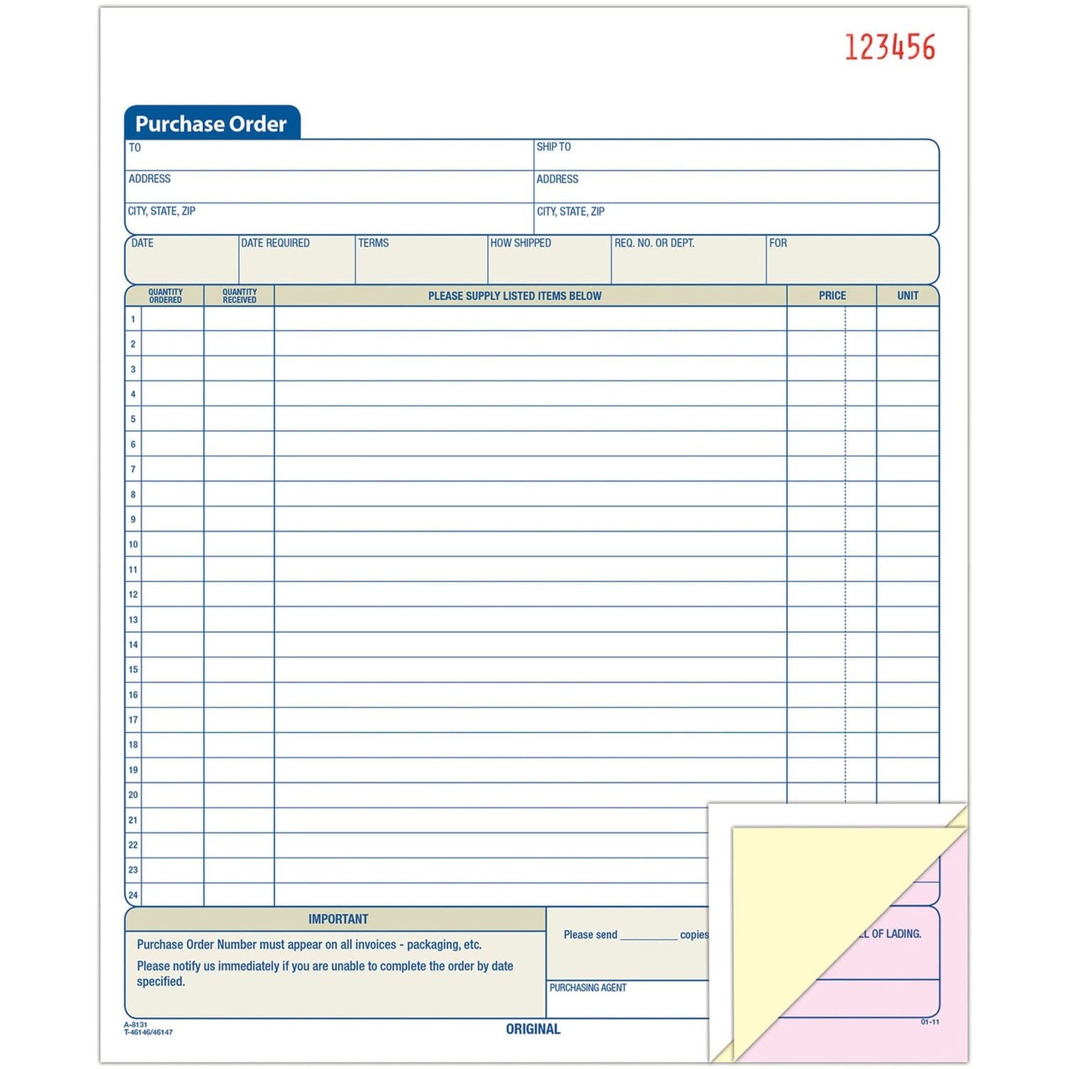 Adams Purchase Order Book Carbonless 3 Part 50 Sets White Canary Pink