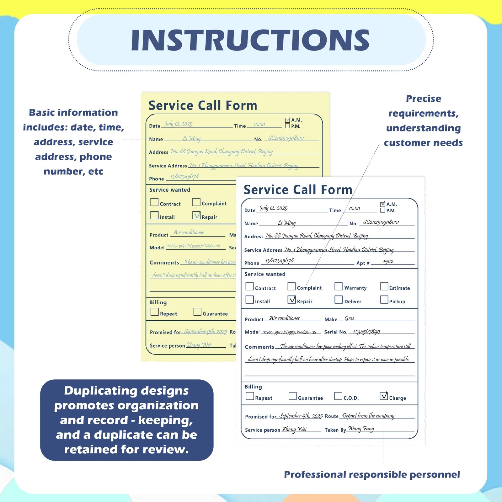 2 PCS 400 Sets Service Call Correspondence Forms Book Carbonless 8.5×11 Inch