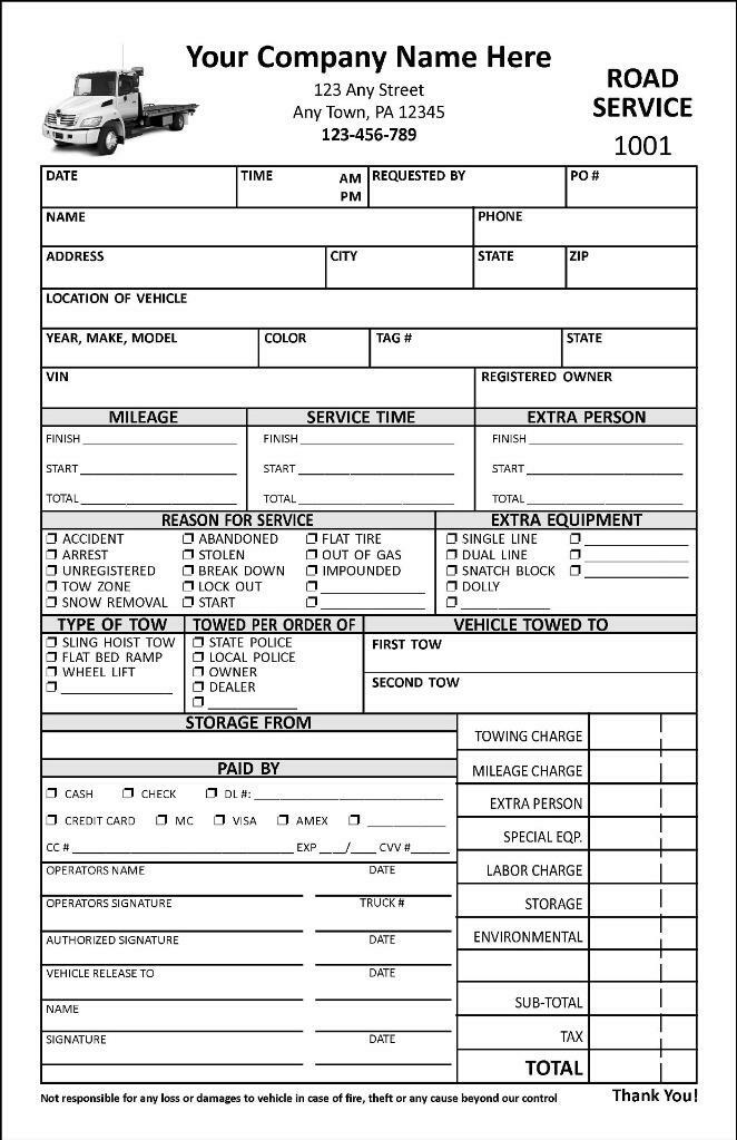 2000 Custom Towing Road Service Forms, 2 Part Carbonless / 5.5×8.5 / TMG015