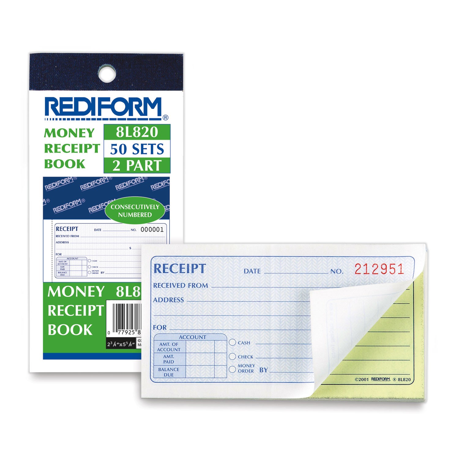 Rediform? Small Money Receipt Book, 5 x 2 3/4, Carbonless Duplicate, 50 Sets/Boo