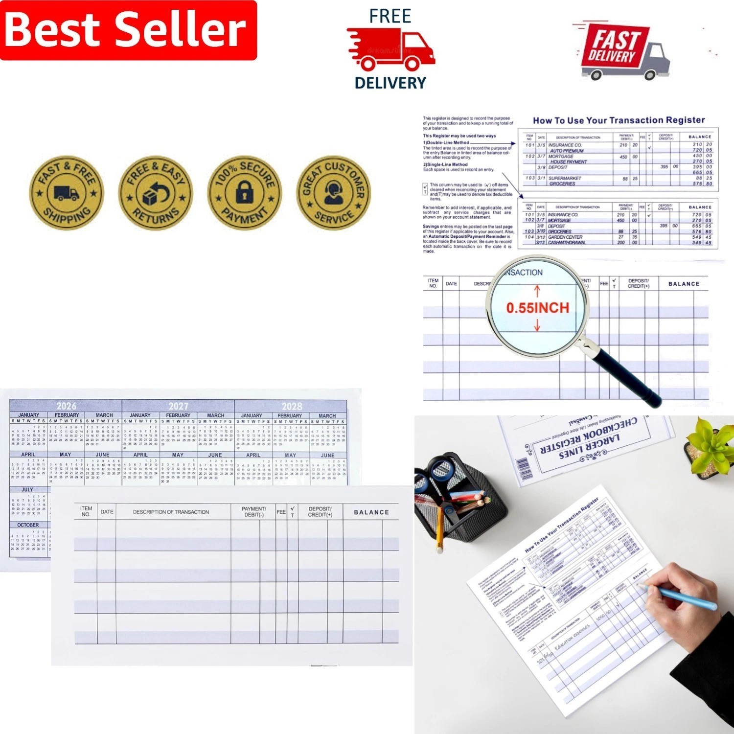Bold Layout 12 Pack Check Registers for Clear Transaction Logging & Budgeting