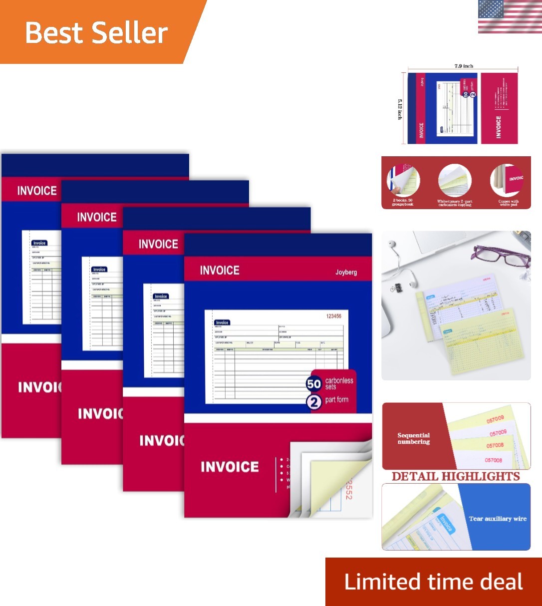 4 Packs Invoice Book for Small Business 2-Part Carbonless, 4P, White/Canary