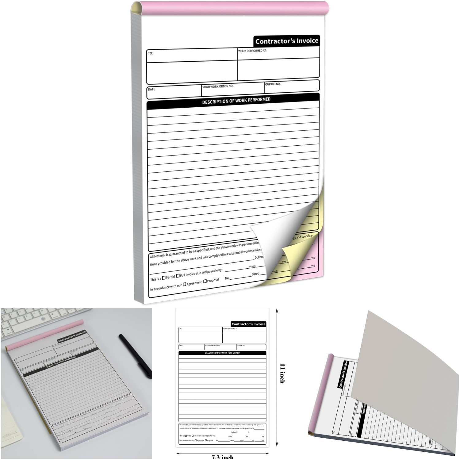 1 Pack Contractor Invoice Books 3 Part Carbonless Estimate Work Order Receipt