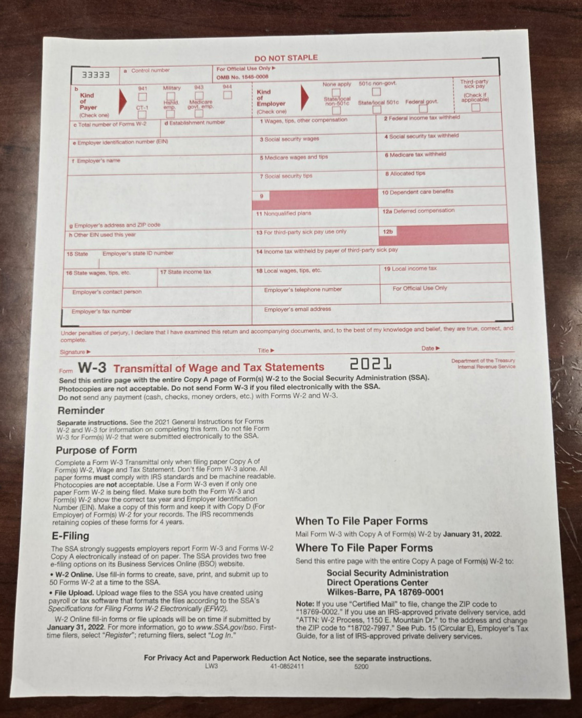 2021 IRS Tax Form W-3 Transmittal of Wage and Tax Statements – 2 Forms