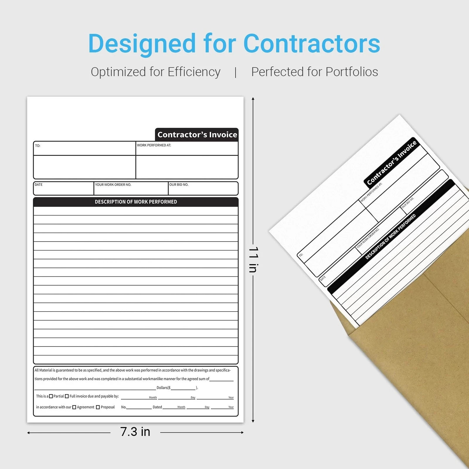 Carbonless Contractor Invoice Receipt 7.3 x 11 inches Estimate Book 3-Part wi…