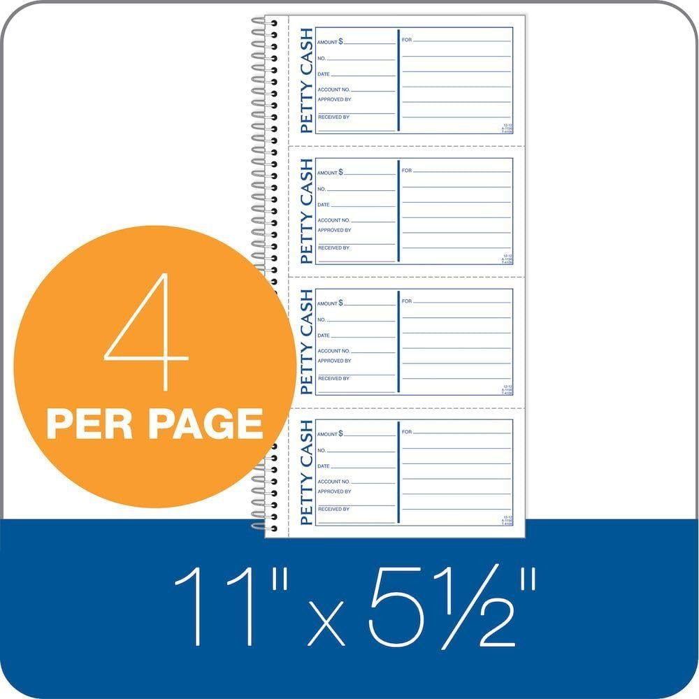 Spiral Petty Cash Receipt Book, 2-Part, Carbonless, 4 Messages per Page, 2 Sets