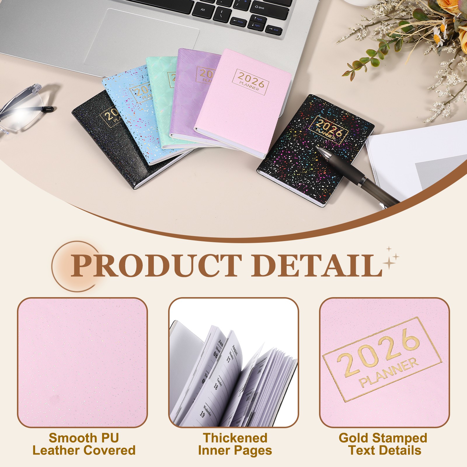 Daily Planner Notebook, 4.2 x 3.1″ 2026 to Do List Notebook, Star Pink
