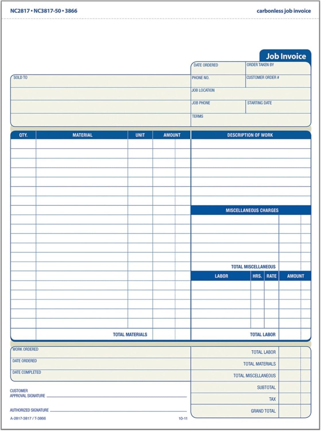 Invoice Forms 2-Part Carbonless For Service & Repair Billing 100 Individual Set