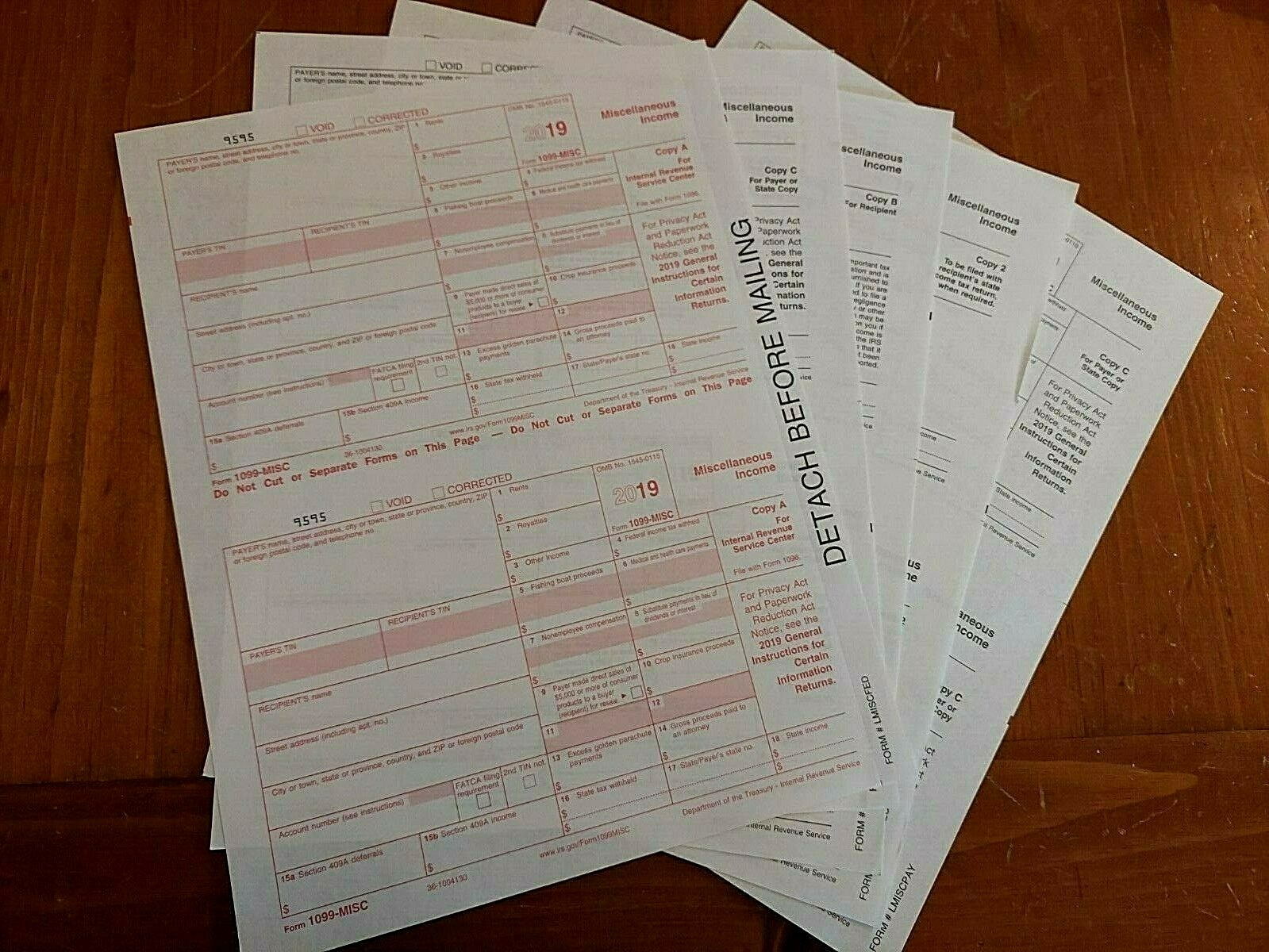 2019 IRS 1099-MISC Forms (for 2 recipients)-For Prior Year’s Tax Filing Season