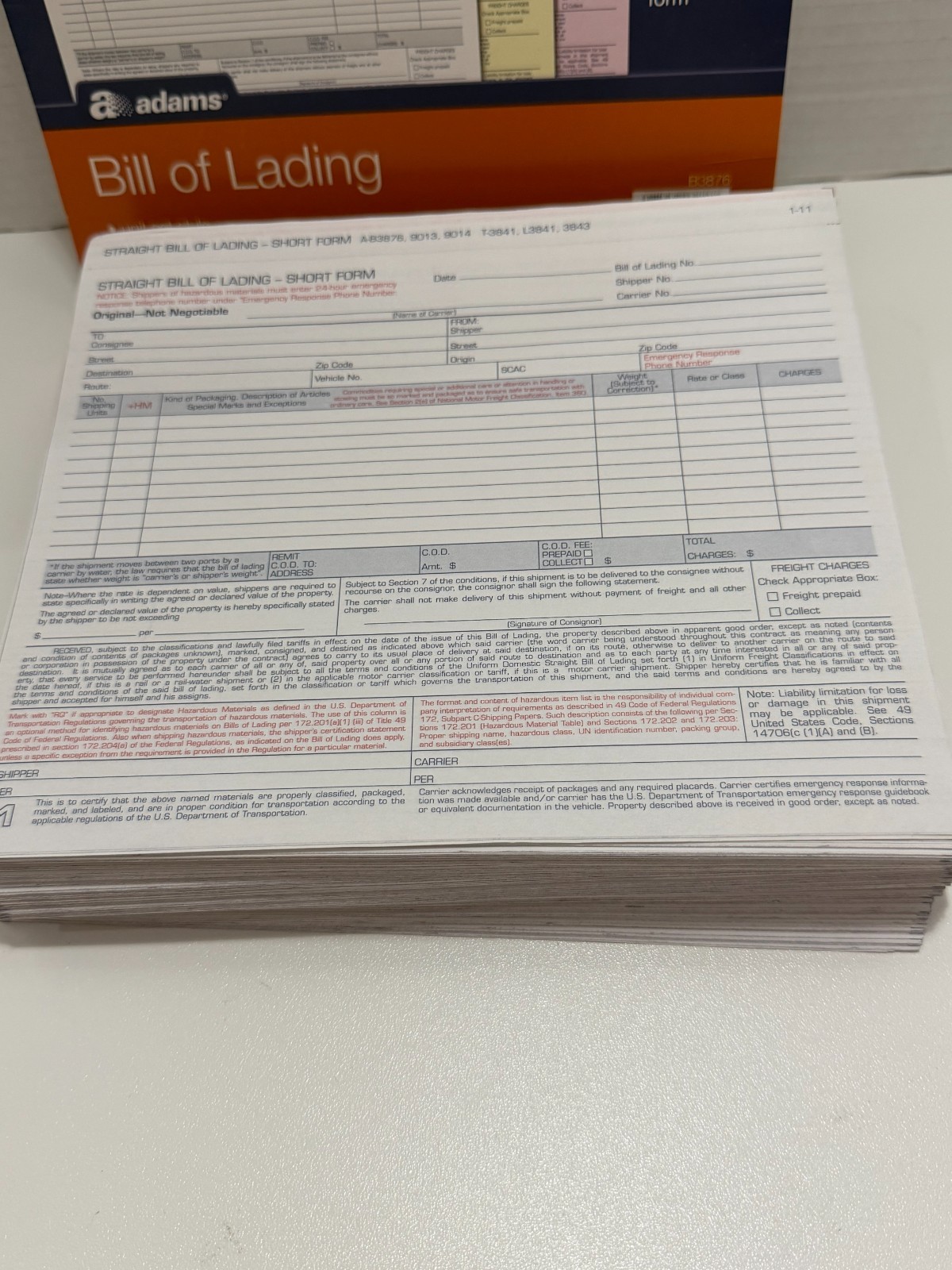 Adams Bill of Lading Short Form, 8-1/2 x 7-7/16 Inches, White, 3-Part, 165-Count