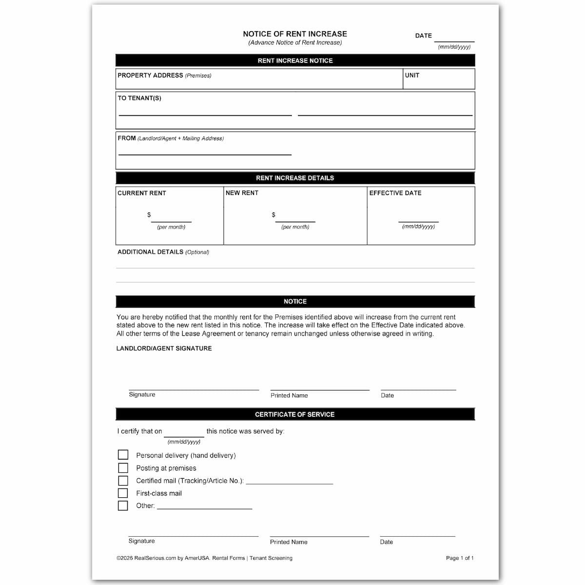Rent Increase Notice 30/60 Day – Landlord Rental Form Letter to Raise Rent