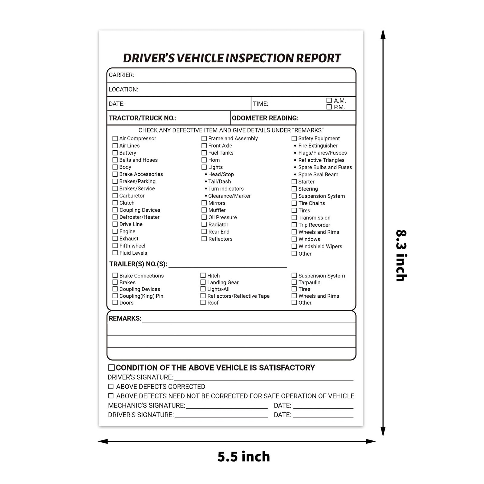 12 PCS Daily Pre Trip Inspection Book Trucker 2 Part Carbonless 5.5×8.3 Inch