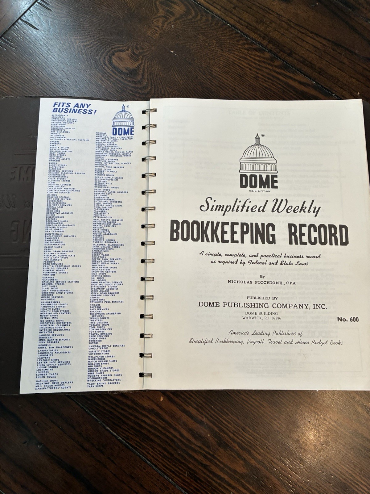 Dome simplified weekly Bookkeeping record Picchione #600 deductions NOS vintage