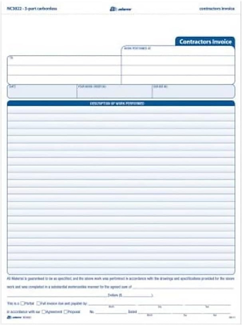 Contractor Invoice Forms, 8.5 X 11.44 Inch, 3-Part, Carbonless, 100-Pack, White,
