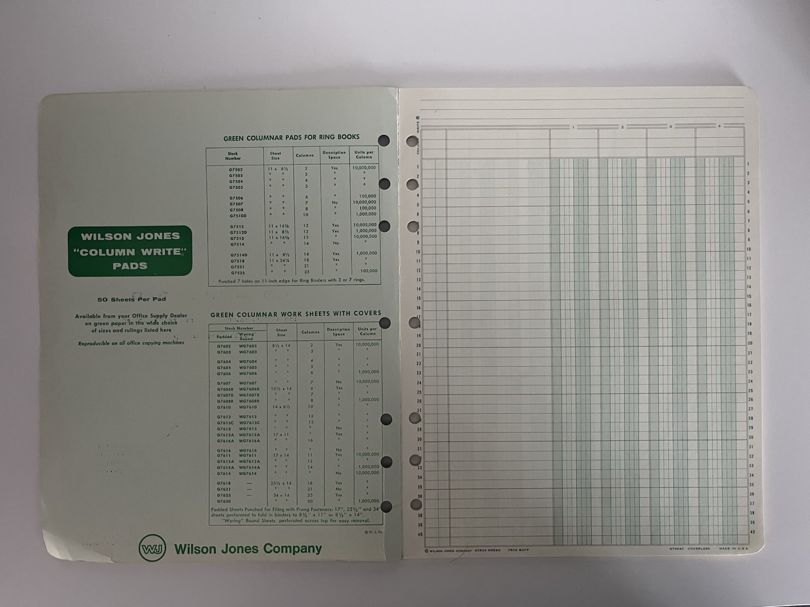 WILSON JONES Columnar Pad 1968, 50 Sheets, (Green G 7504, 4 Alt Shaded Columns)