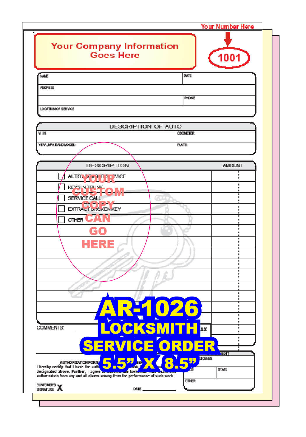 LOCKSMITH INVOICE WORK ORDERS CUSTOM PRINTED 2 or 3 Part CARBONLESS