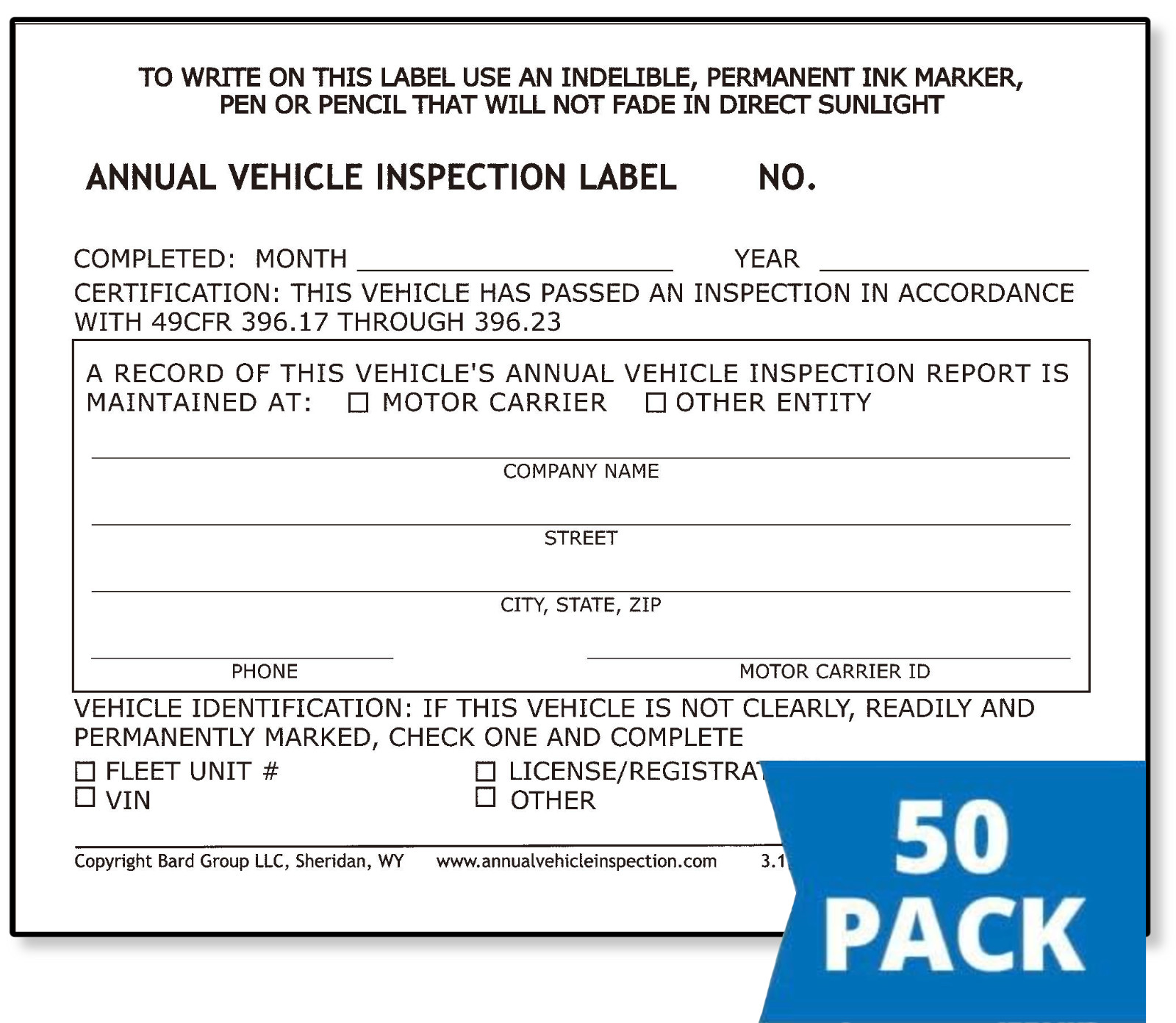 50-PACK. Annual Vehicle Inspection Label 2-Ply Vinyl with Mylar. FMCSA DOT Compl