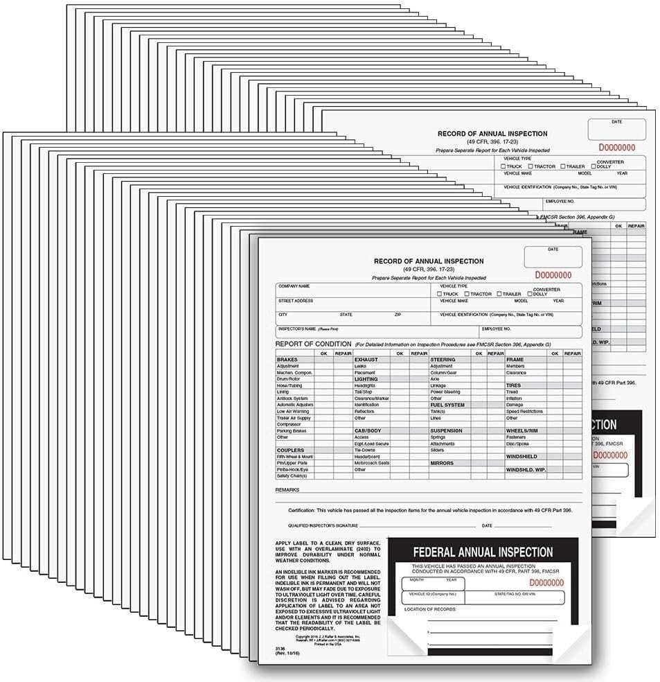 J. J. Keller 50-Pack Inspection Forms – 2-Ply Carbonless, Fade Resistant Labels