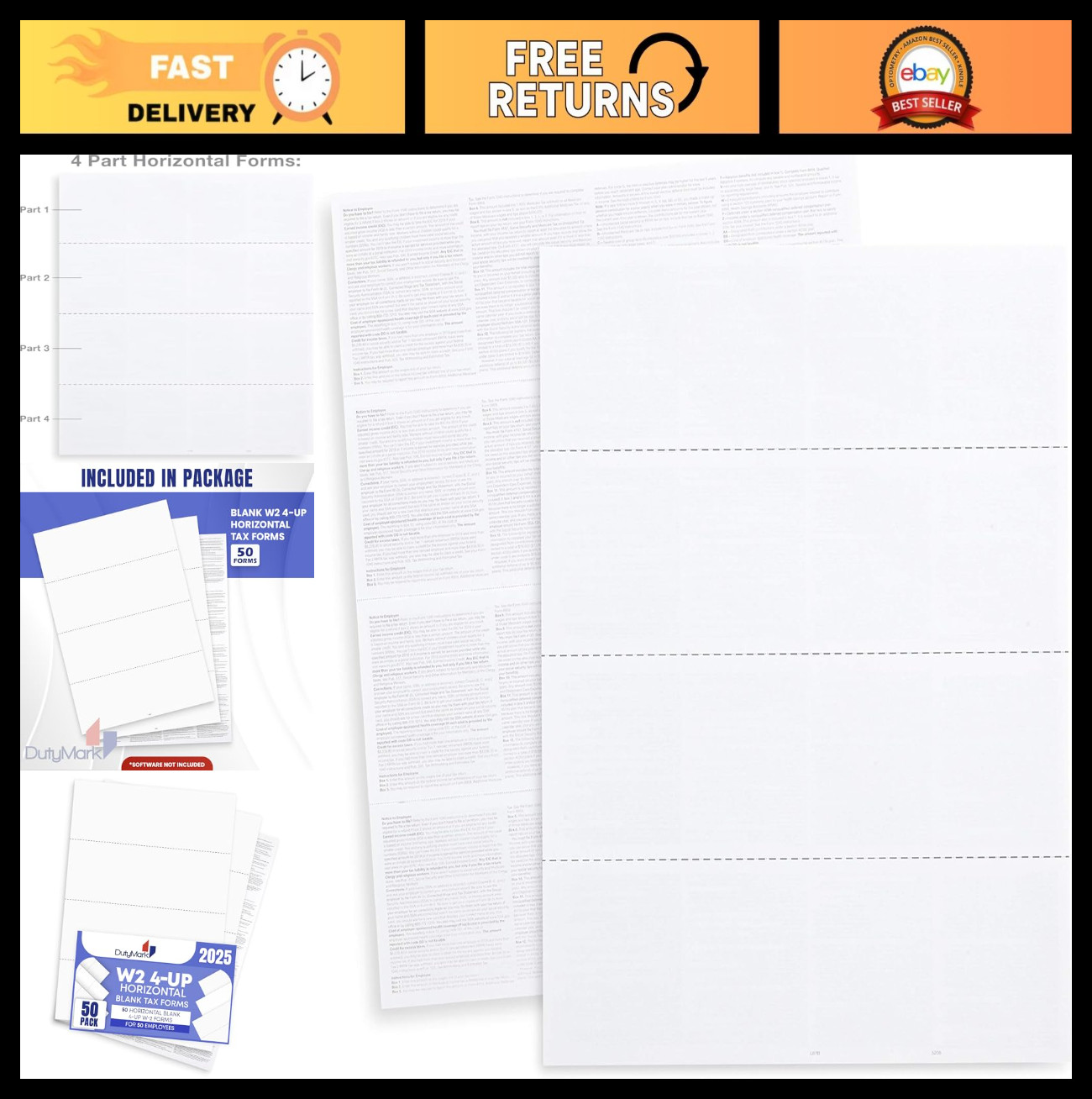 50 W2 Tax Forms 2025, Blank 4-Up Horizontal, QuickBooks Compatible, Easy Instruc