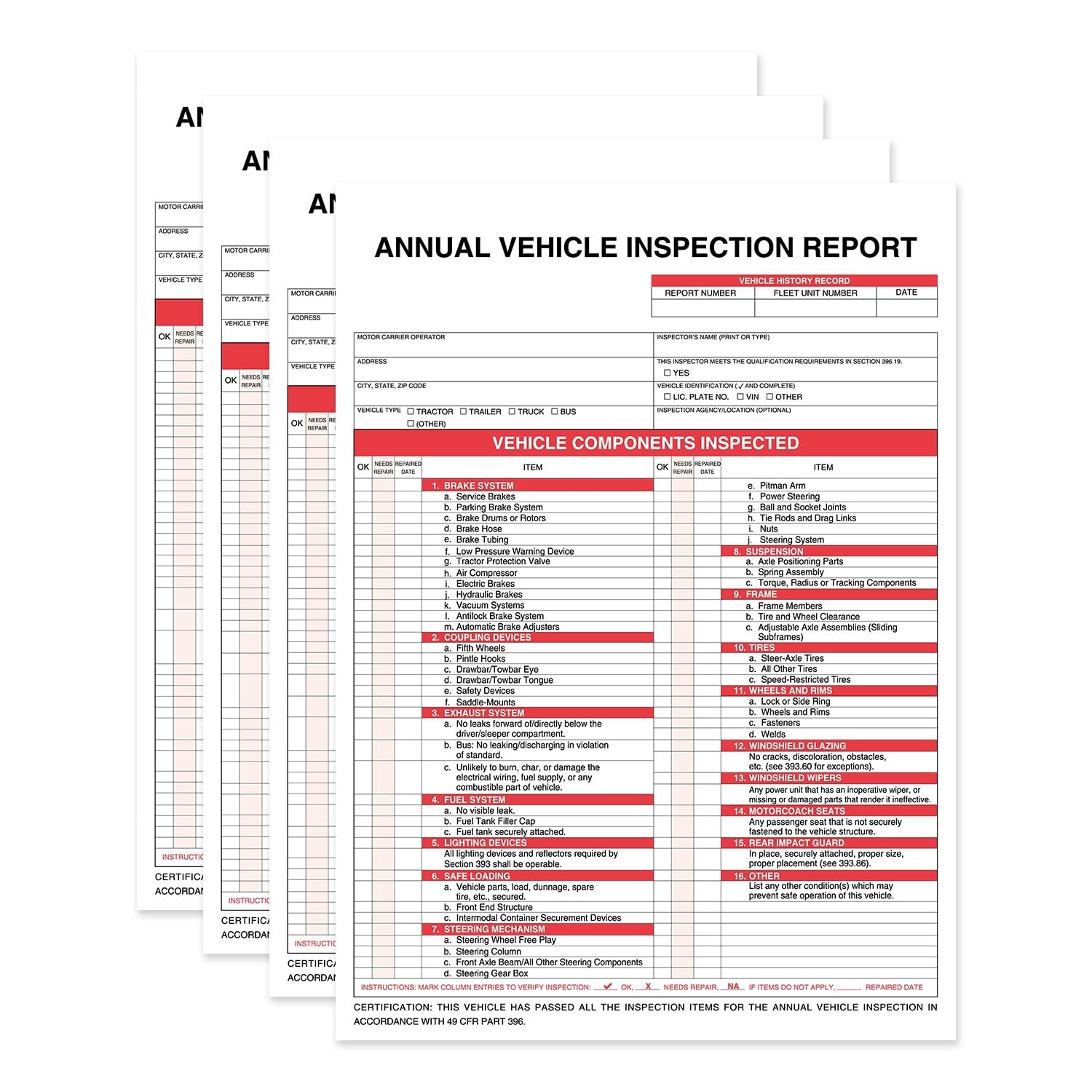 Annual Vehicle Inspection Report Forms 25-Pack, 3-Ply Carbonless, 8.5″x11.75″ +