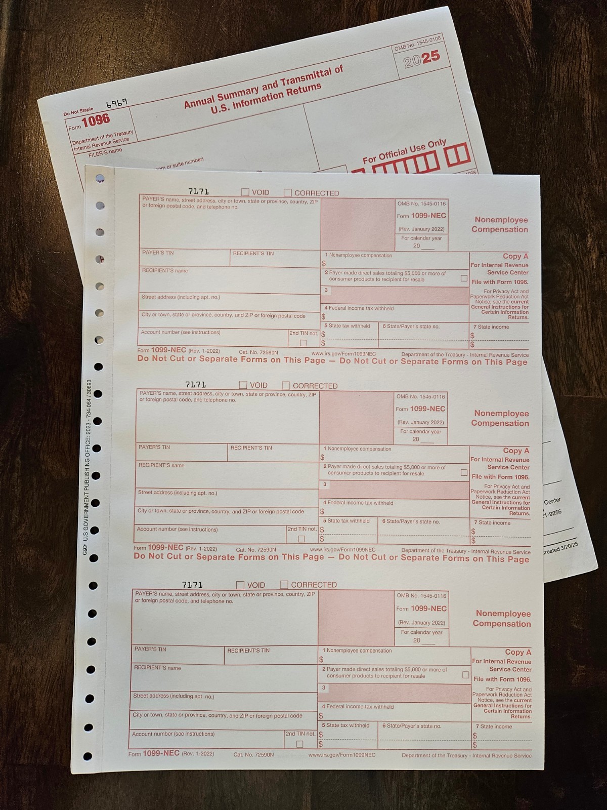 2025 IRS Tax Form Reporting Package- Nine -1099-NEC, 1 Form 1096 No envelopes