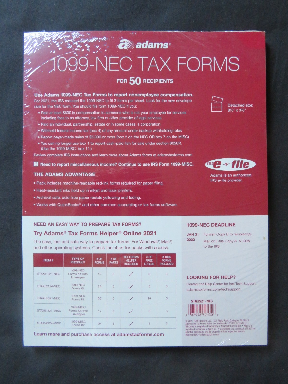2021 Adams 1099-NEC Tax Forms 50 5-Part Sets 3 1096 Summary Forms