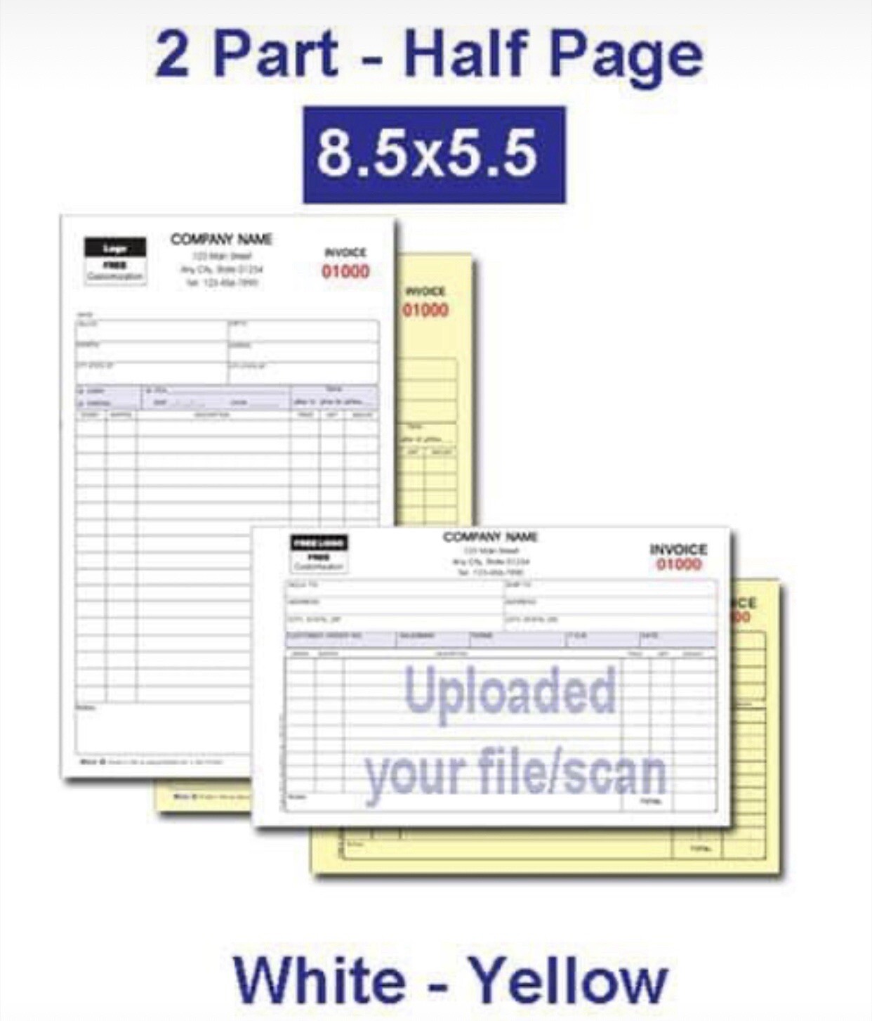 INVOICE CUSTOM PRINTED 2 Part Carbonless Form, Blk Ink. Additional Opt Listed