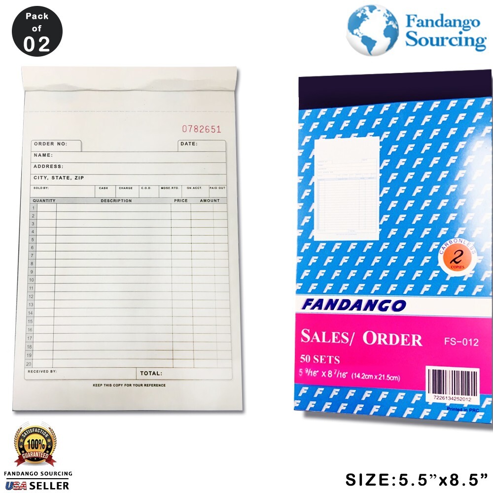 Sales Order Receipt Invoice Book 50 Duplicate Forms Carbonless, 5.5×8.5 Pk OF 2