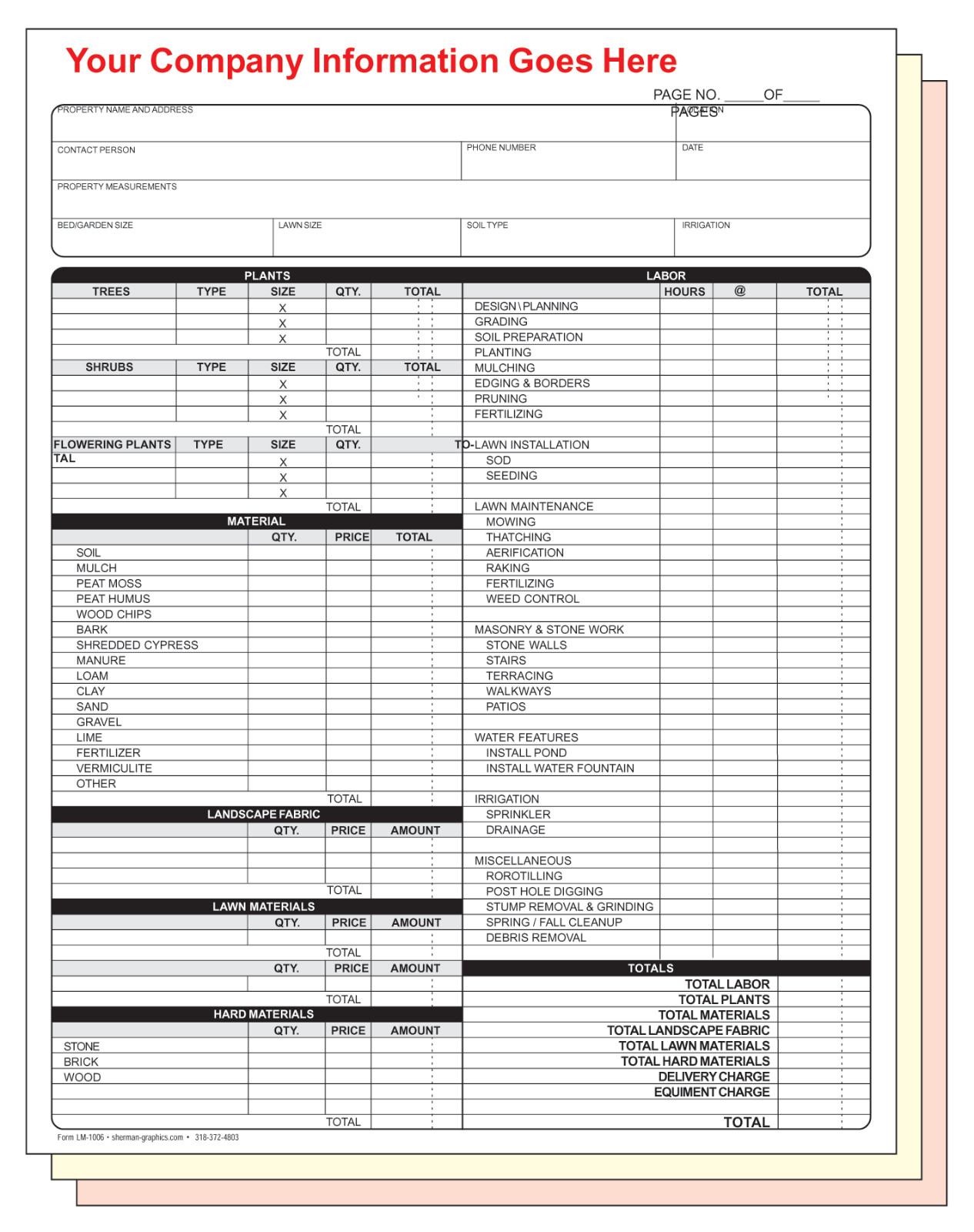 LAWN CARE ESTIMATE INVOICE CUSTOM PRINTED 2 or 3 Part Carbonless