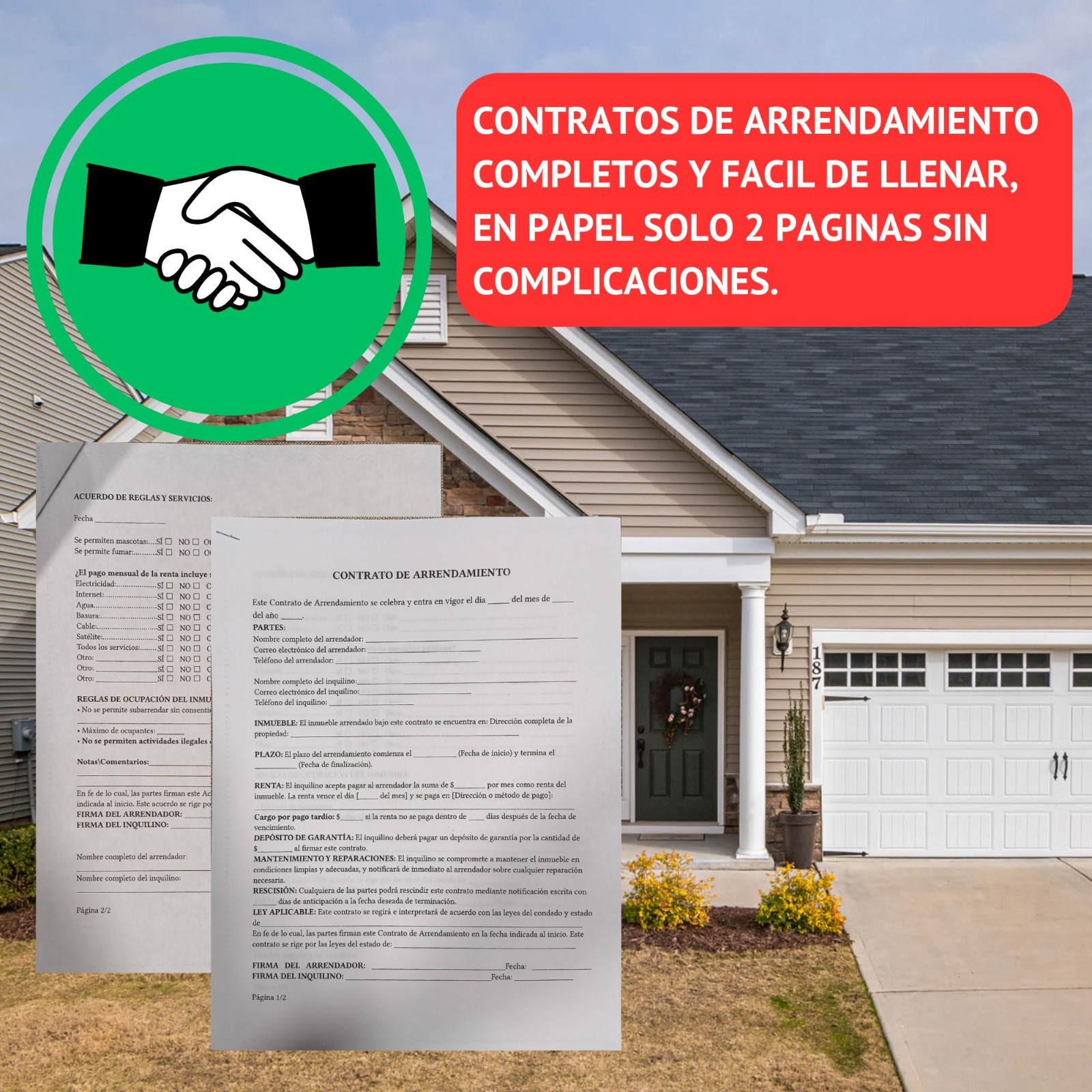 Contrato de Arrendamiento en ESPAÑOL (5X) Contrato de renta universal 2 páginas.