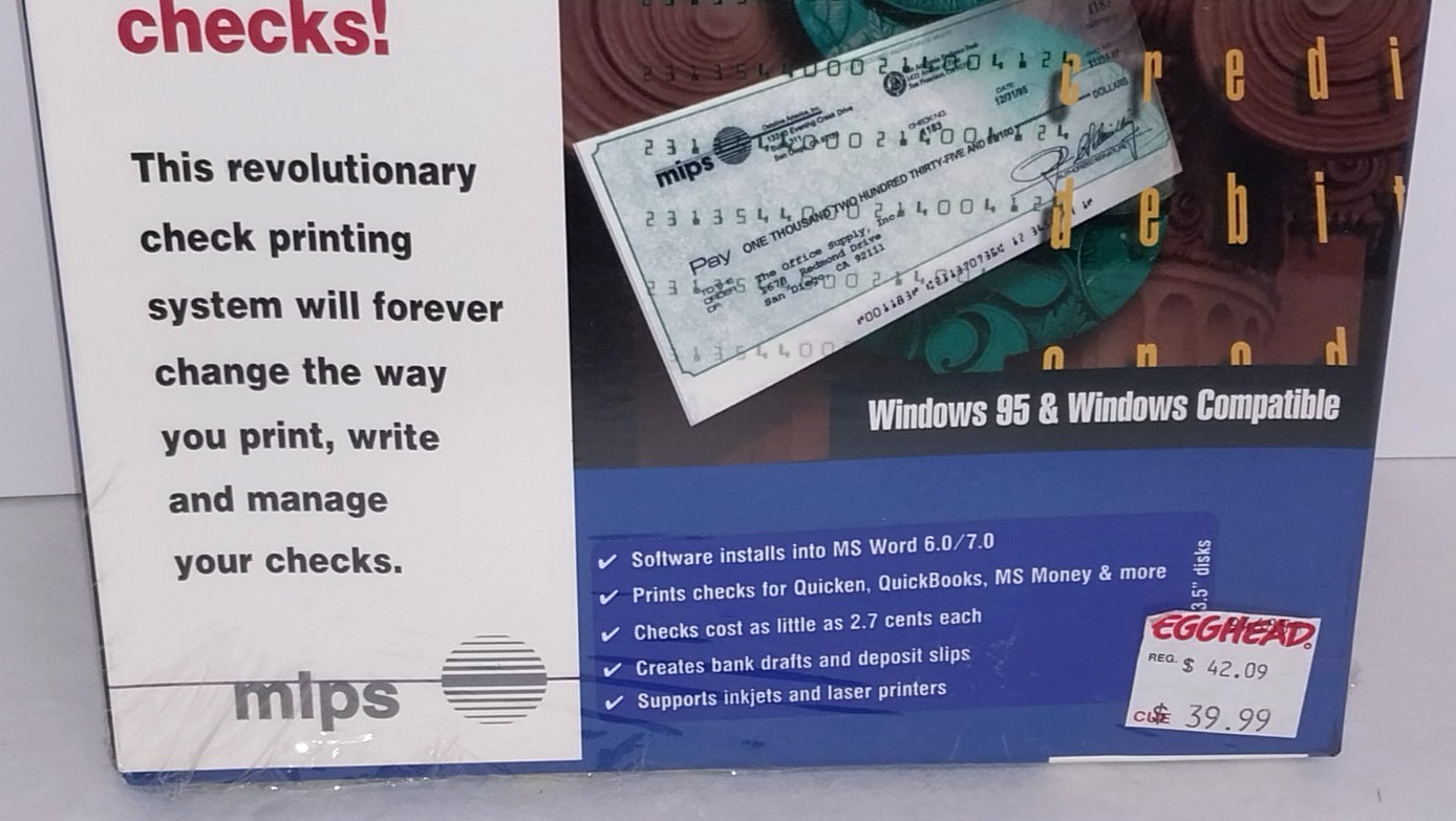 MIPS Versa Check 1996 Check Printing Software, 3.5″ Disk, Windows 95+ Compatible