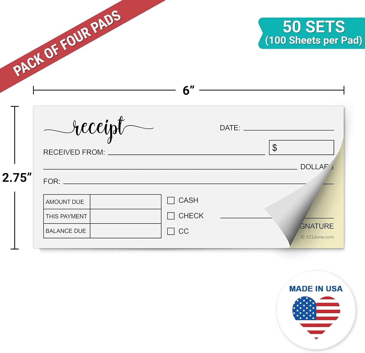 Receipt Book Carbonless 4-Pack Small Business Invoice and Sales Record