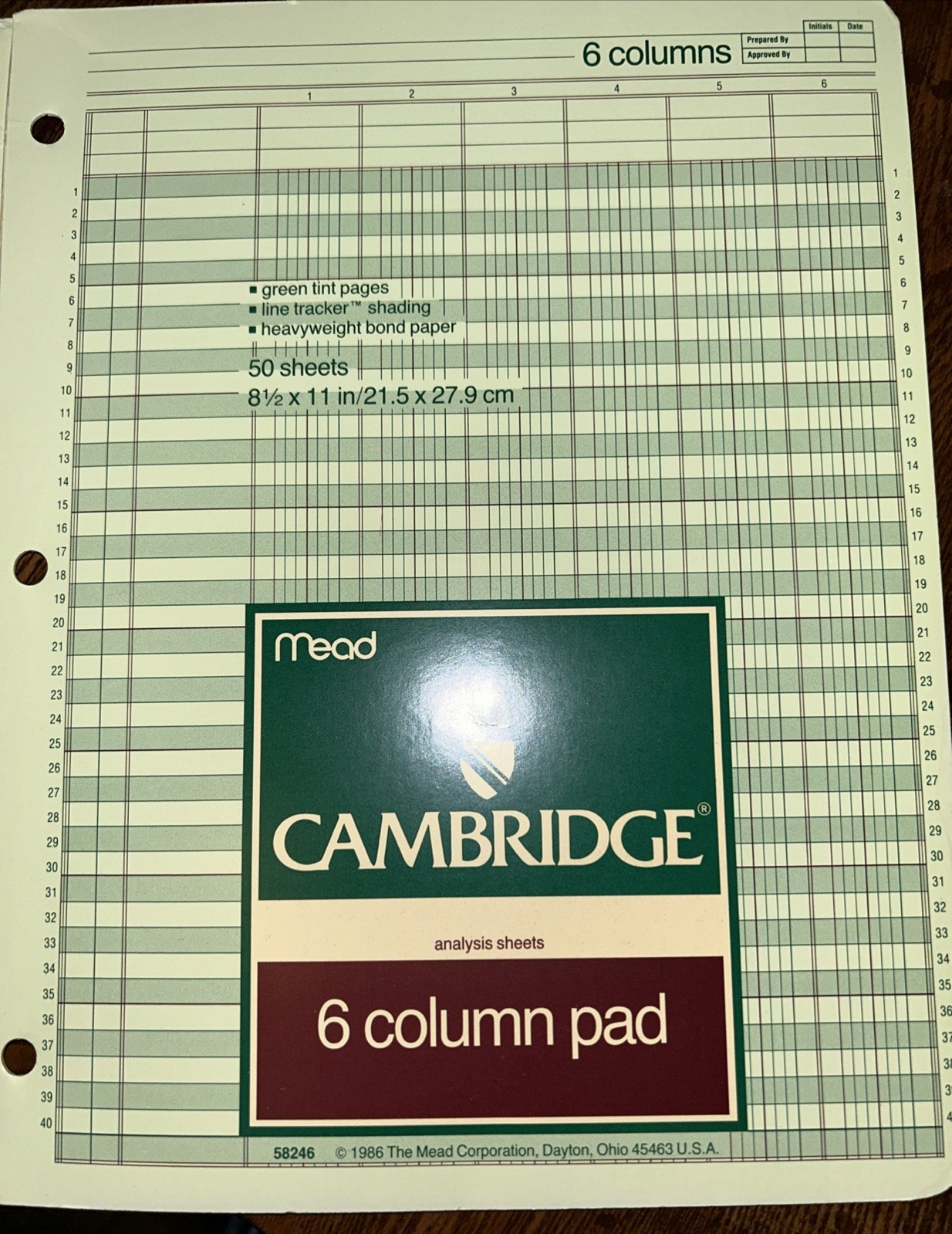 Vintage 1986 Mead Cambridge Analysis Sheets 6 Column Pad 50 Sheets New